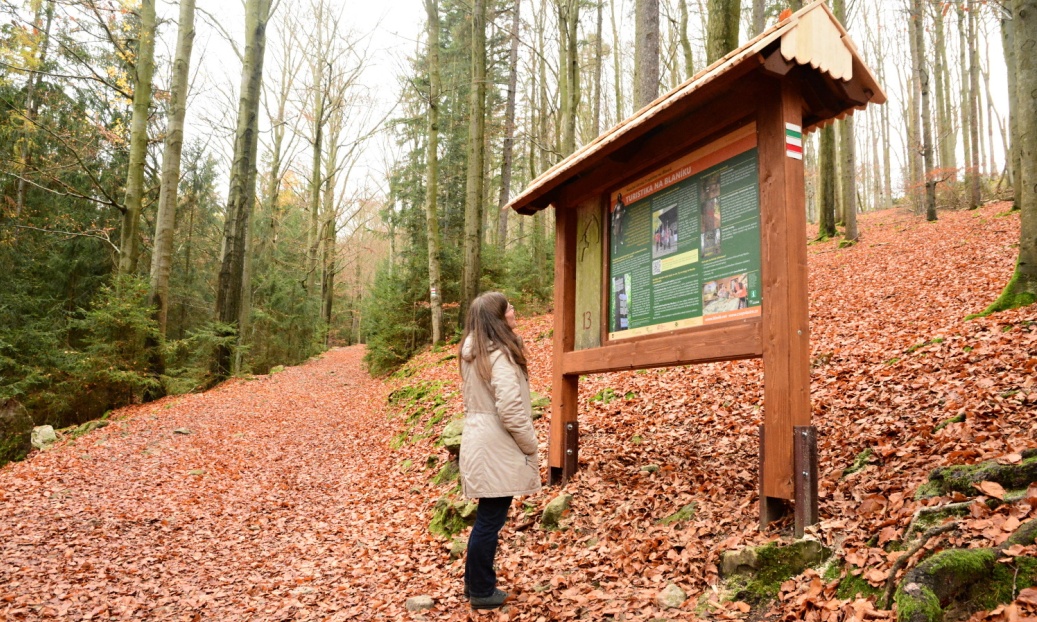 Návštěvnice naučné stezky čte tabuli o turistice na Blaníku.