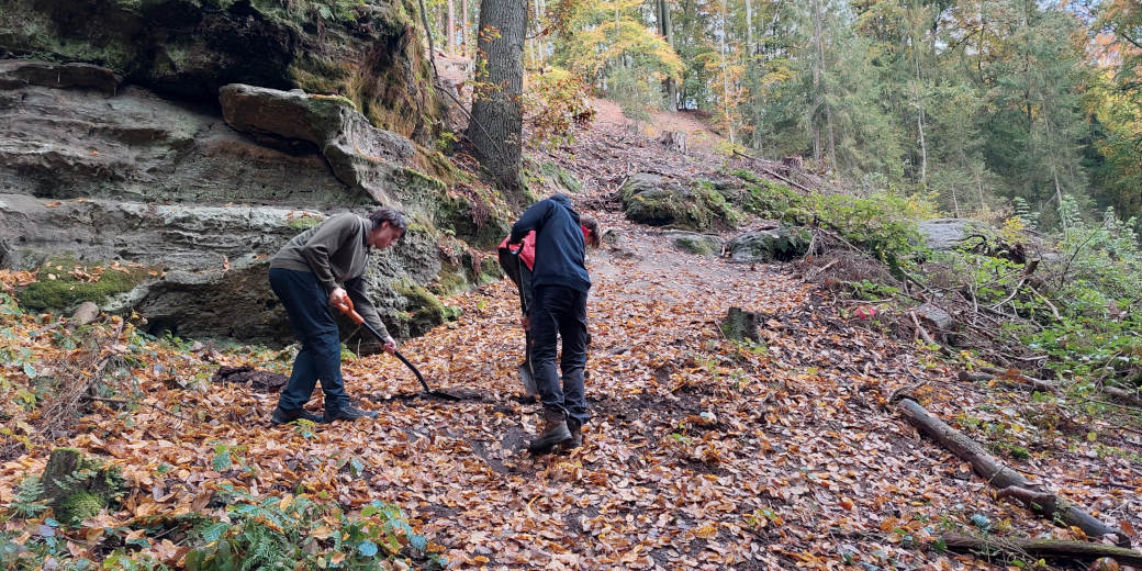 Studenti vytváří rýči prohlubeň ve svahu.
